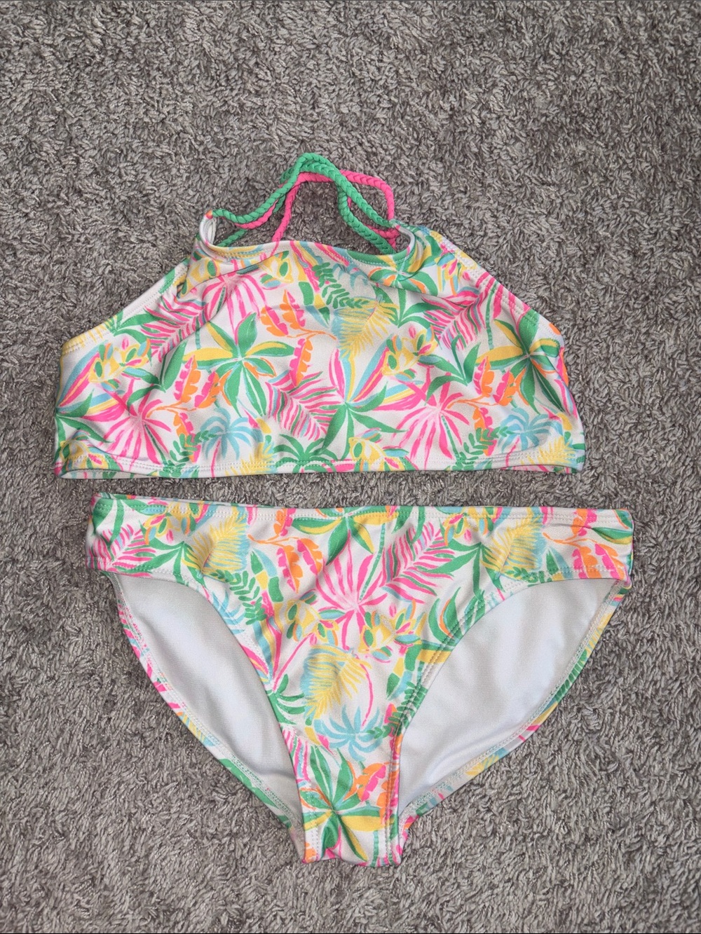 wonder nation Tropical Leaf Print Two-Piece Swim Set - Pink, Green, Yellow 14/16